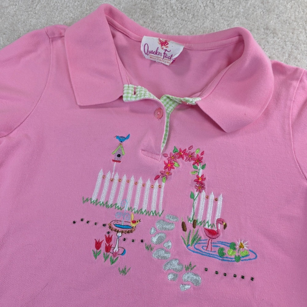 Quacker Factory Womens Medium Pink‎ Polo Shirt Embroidered Garden Scene Floral
